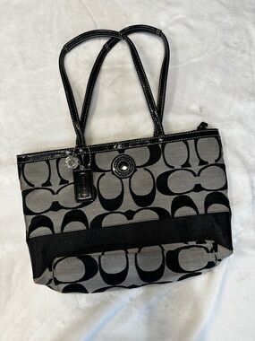Coach Black and Gray Signature Tote with Leather Trim